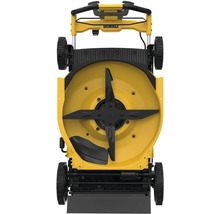 Unterseite eines gelben DeWalt Rasenmähers mit schwarzem Messer