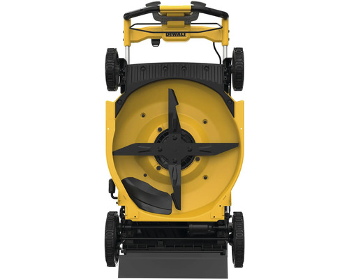 Unterseite eines gelben DeWalt Rasenmähers mit schwarzem Messer