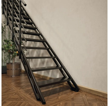 Schwarze Raumspartreppe aus Metall im Innenbereich.