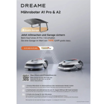 Dreame Mähroboter A1 Pro und A2 mit Aktionshinweis zu einer gratis Garage