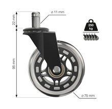 Stuhlrolle mit den Maßen 95 mm Höhe und 75 mm Durchmesser, Traglast 250 kg