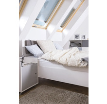 Helles Schlafzimmer mit Dachfenstern, Bett, Nachttisch und Teppich