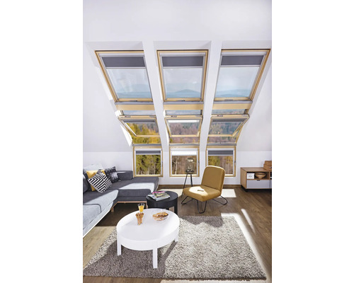 Wohnzimmer mit Dachfenstern, Sofa, Sessel und Tischen