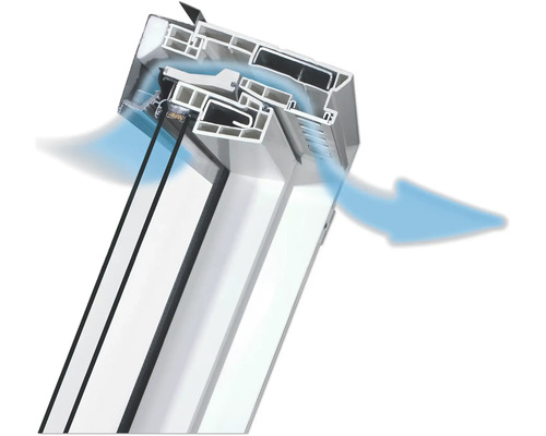 Querschnitt eines weißen Kunststofffensters mit Belüftungssystem