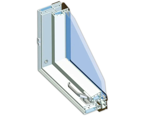 Querschnitt eines Kunststofffensters mit Fenstergriff und Verriegelung
