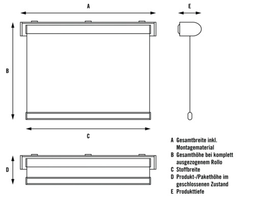 Technische Zeichnung eines Rollos mit Maßangaben.