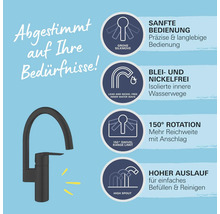 Spültischarmatur mit Produktmerkmalen wie leichtgängiger Bedienung, blei- und nickelfreien Wasserwegen, 150 Grad Drehwinkel und hohem Auslauf