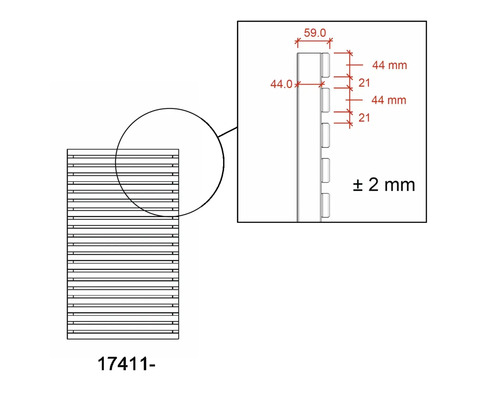 Technische Zeichnung eines Lamellenzauns mit Maßangaben
