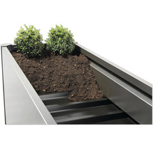 Detailansicht eines bepflanzten Hochbeets mit Erde und Pflanzen