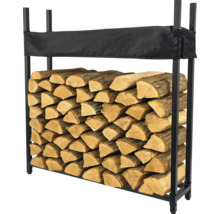 Brennholzregal aus Metall mit Holzstapel
