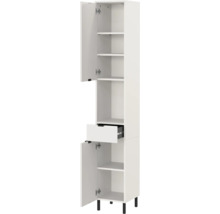 Offener, weißer Hochschrank mit Einlegeböden, einer Schublade und Füßen