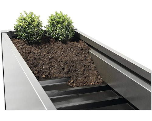 Detailaufnahme eines bepflanzten Hochbeets mit Erde und Pflanzen