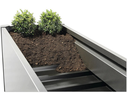 Detailansicht eines bepflanzten, rechteckigen Blumenkastens aus Metall mit Erde und Pflanzen