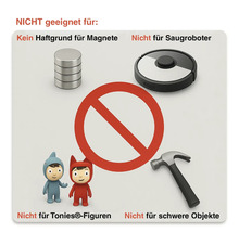 Symbolbild, das ungeeignete Gegenstände für die Verwendung mit diesem Produkt darstellt: Magnete, Saugroboter, Tonies Figuren und schwere Objekte