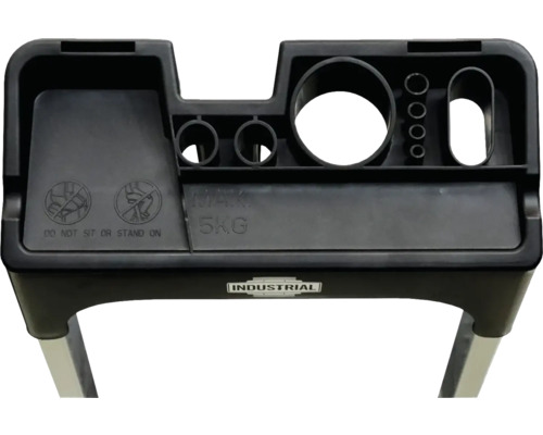 Ablageschale für eine Trittleiter mit Fächern für Werkzeuge und einer maximalen Traglast von 5 Kilogramm