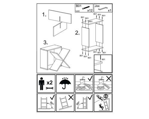 Montageanleitung für Möbel mit grafischen Darstellungen und Symbolen