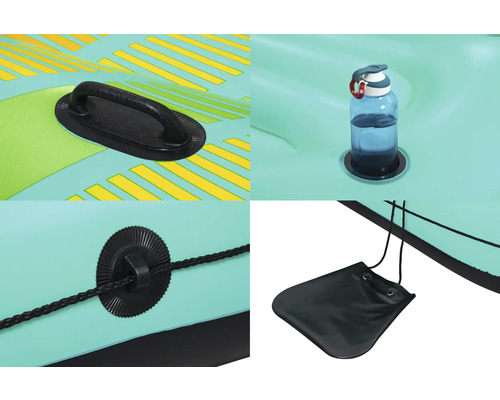 Detailansicht eines aufblasbaren Stand Up Paddle Boards mit Tragegriff, Getränkehalter, Halterung für eine Leine und einem Packsack.
