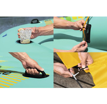 Detailansichten eines aufblasbaren Schwimminsel-Zubehörs, einschließlich Getränkehalter, Haltegriff, Befestigungsdetails und Sonnendachmontage.