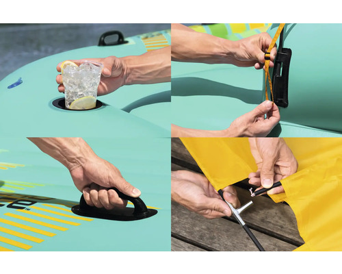 Detailansichten eines aufblasbaren Schwimminsel-Zubehörs, einschließlich Getränkehalter, Haltegriff, Befestigungsdetails und Sonnendachmontage.