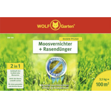 Wolf Garten Logo. Moosvernichter plus Rasendünger, 3,5 Kilogramm für 100 Quadratmeter Rasenfläche.