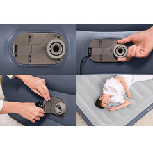 Detailansichten einer Luftmatratze mit integrierter Pumpe und einer Person, die darauf liegt.