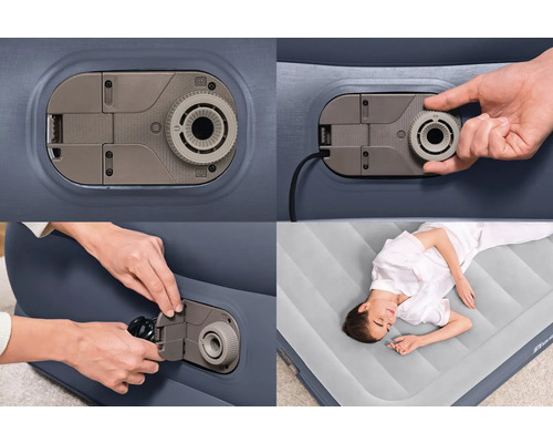 Detailansichten einer Luftmatratze mit integrierter Pumpe und einer Person, die darauf liegt.