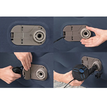 Detailansicht einer Luftmatratze mit integrierter Pumpe und Bedienungsanleitung.