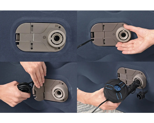 Detailansicht einer Luftmatratze mit integrierter Pumpe und Bedienungsanleitung.