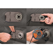 Detailansicht einer Luftmatratze mit integrierter Pumpe und Bedienungsanleitung.