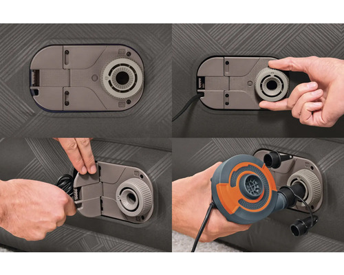 Detailansicht einer Luftmatratze mit integrierter Pumpe und Bedienungsanleitung.