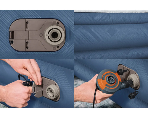 Aufblasbares Luftbett mit integrierter Pumpe in verschiedenen Ansichten.