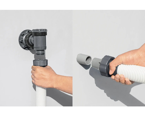 Montage eines grauen Siphons an einer weißen Wand mit einem flexiblen Abflussrohr