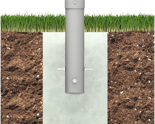 Pfostenanker einbetoniert im Boden mit Grasnarbe