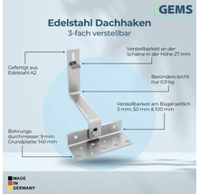 Edelstahl Dachhaken, dreifach verstellbar, gefertigt aus Edelstahl A2 mit einem Bohrungsdurchmesser von 9 mm und einer Grundplatte von 140 mm. Hergestellt in Deutschland.