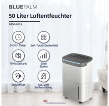BluePalm Luftentfeuchter mit 50 Liter Fassungsvermögen, 24 Stunden Timer, Soft-Touch Bedienfeld, 7 Liter Wassertank und Staubfilter