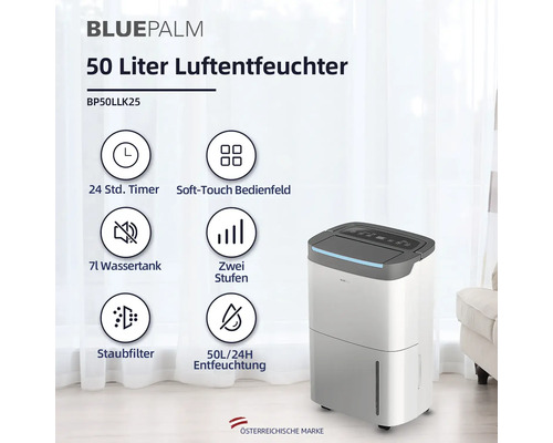 BluePalm Luftentfeuchter mit 50 Liter Fassungsvermögen, 24 Stunden Timer, Soft-Touch Bedienfeld, 7 Liter Wassertank und Staubfilter