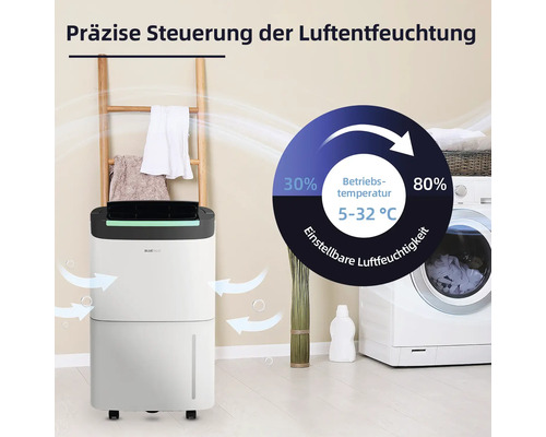 Luftentfeuchter im Waschraum mit Waschmaschine und Dekoration