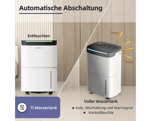 Luftentfeuchter mit automatischer Abschaltung und 7 Liter Wassertank.