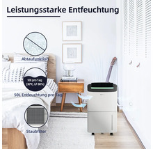 Luftentfeuchter im Schlafzimmer mit Anzeige der Abtaufunktion und des Staubfilters