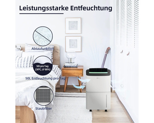 Luftentfeuchter im Schlafzimmer mit Anzeige der Abtaufunktion und des Staubfilters