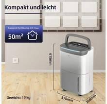 Luftentfeuchter mit den Abmessungen 615 mm Höhe, 378 mm Breite und 266 mm Tiefe, geeignet für Räume bis maximal 50 Quadratmeter, Gewicht 19 kg.