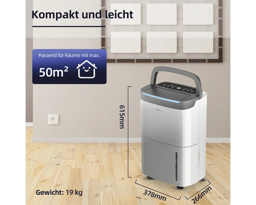 Luftentfeuchter mit den Abmessungen 615 mm Höhe, 378 mm Breite und 266 mm Tiefe, geeignet für Räume bis maximal 50 Quadratmeter, Gewicht 19 kg.