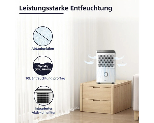 Luftentfeuchter mit Abtaufunktion und Aktivkohlefilter zur Entfeuchtung von Räumen