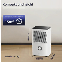 Luftentfeuchter in Weiß mit technischen Details wie Gewicht, Raumgröße und Maßen