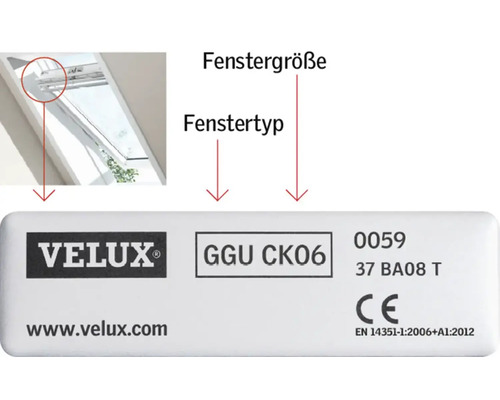 Informationen zu Fenstergröße und Fenstertyp von Velux sowie Velux Logo und CE Kennzeichen.