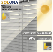 Soluna Logo, Standard Aluminium Jalousie und Dim-Out Aluminium Jalousie im Vergleich.