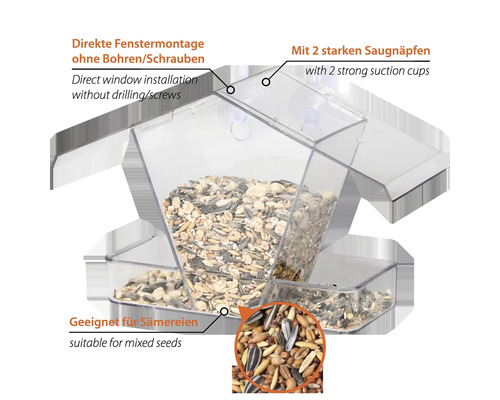 Fenster-Vogelhaus mit Saugnäpfen, geeignet für Mischfutter