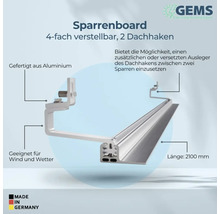 Vierfach verstellbares Sparrenboard mit zwei Dachhaken aus Aluminium, geeignet für Wind und Wetter, Länge 2100 Millimeter
