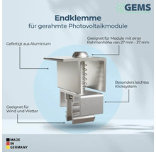 Endklemme für gerahmte Photovoltaikmodule aus Aluminium, geeignet für Modulrahmenhöhe 27 bis 37 Millimeter