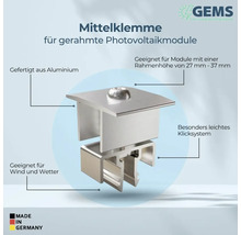 Mittelklemme für gerahmte Photovoltaikmodule aus Aluminium für Modulrahmen von 27 mm bis 37 mm